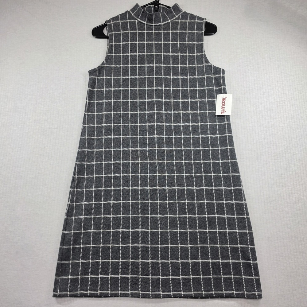 PARAPHRASE Gray Grid Plaid Mock Neck Zip Back Shift Dress Size S Mod Preppy